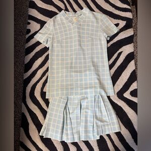 70s Vintage Plaid Two-Piece Set in Light Blue and White